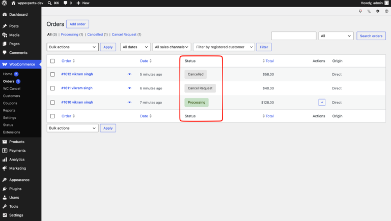 WooCommerce Orders list showing an order in the Cancel Request status next to Cancelled and Processing orders