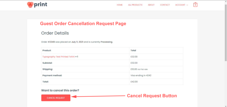 Guest order cancellation page with the order details and a Cancel Request button under “Want to cancel this order?”