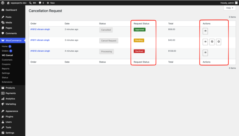 WC Cancel screen listing cancellation requests with Approved, Pending and Declined request statuses and view, approve and decline actions