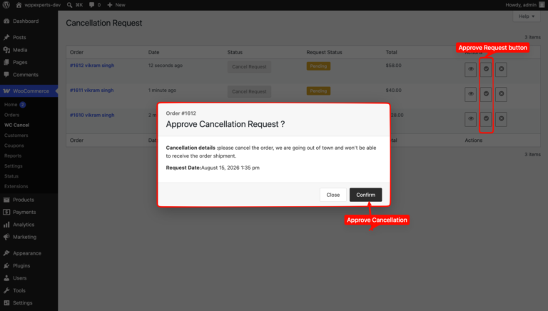 Approve Cancellation Request popup showing the customer’s cancellation details and request date with a Confirm button