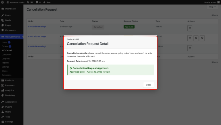 Cancellation Request Detail popup showing the customer’s reason, the request date and the approved date