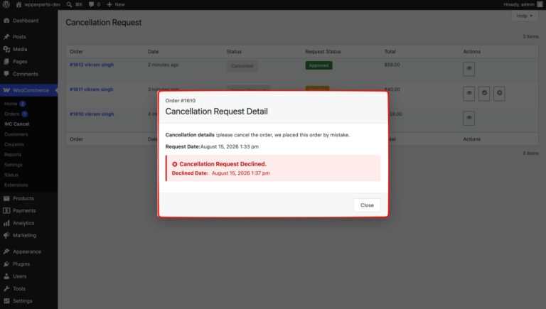 Cancellation Request Detail popup showing the customer’s reason, the request date and the declined date