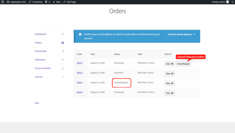 Cancel Request button next to a Processing order in the WooCommerce My Account Orders list