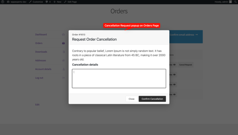 Request Order Cancellation popup with the store’s note and the Cancellation details field