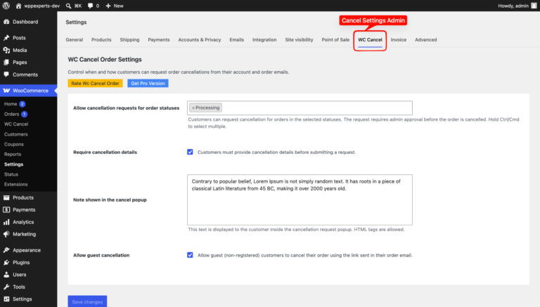 WC Cancel Order settings: allowed order statuses, require cancellation details, popup note and allow guest cancellation
