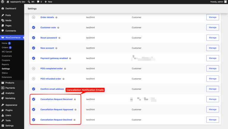 WooCommerce email settings listing the Cancellation Request Received, Approved and Declined emails