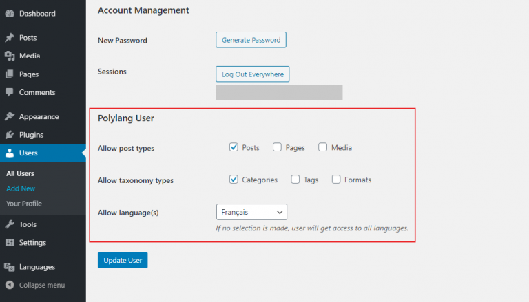 User Manager for Polylang – Polylang user manager, screenshot 1