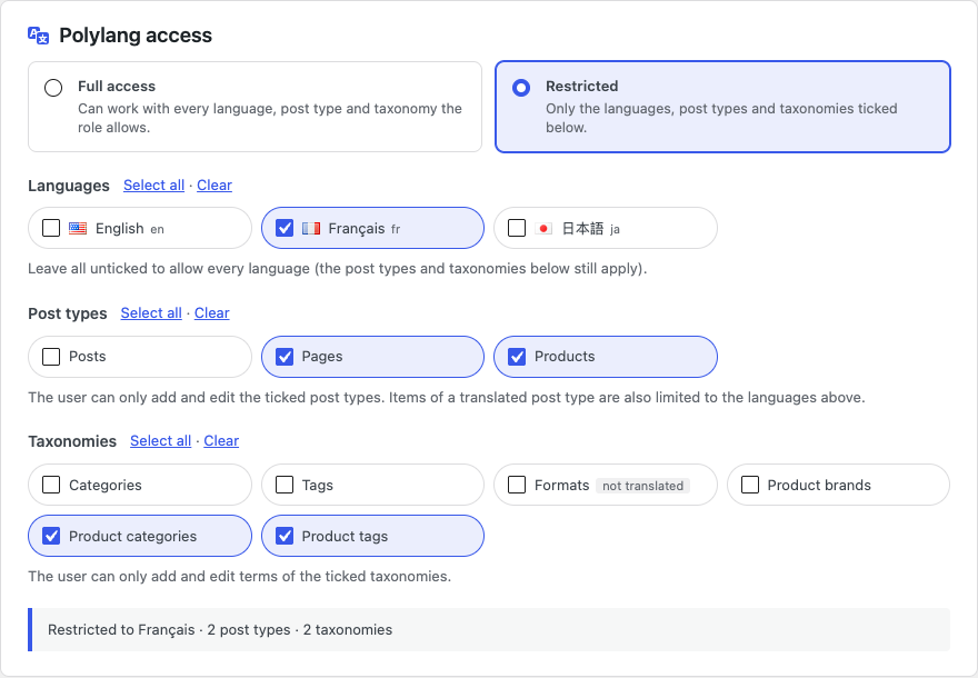User Manager for Polylang: the Polylang access box with Restricted chosen, French ticked, Pages and Products allowed, Product categories and Product tags allowed
