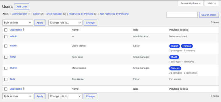 Users list with the Polylang access column: language badges, allowed post types and taxonomies, Restricted by Polylang and Not restricted by Polylang views