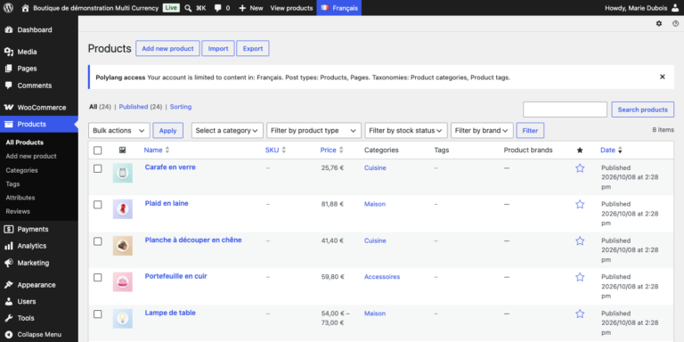 Products list of a shop manager restricted to French: only French products, the language filter locked to Français and the Polylang access notice