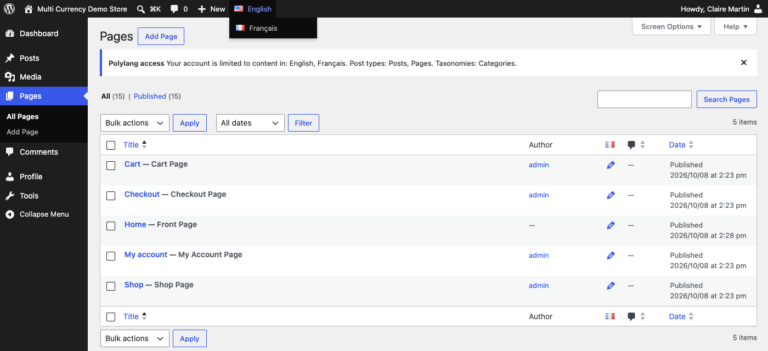 Pages list of an editor restricted to English and French: the language menu in the toolbar offers only English and Français