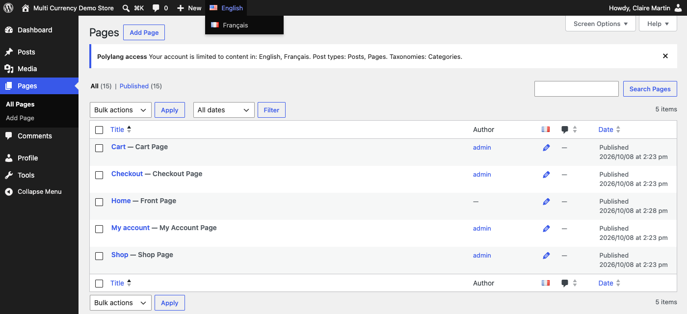 Pages list of an editor restricted to English and French: the language menu in the toolbar offers only English and Français