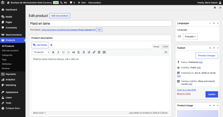 Edit product screen of a restricted shop manager: the Languages box offers only Français