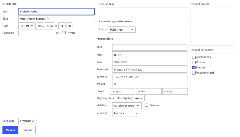 Quick Edit of a product by a restricted shop manager: the Language field lists only the user's language