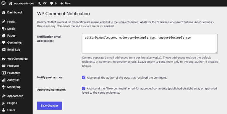 WP Comment Notification settings page with the notification email addresses field, the Notify post author checkbox and the Approved comments checkbox