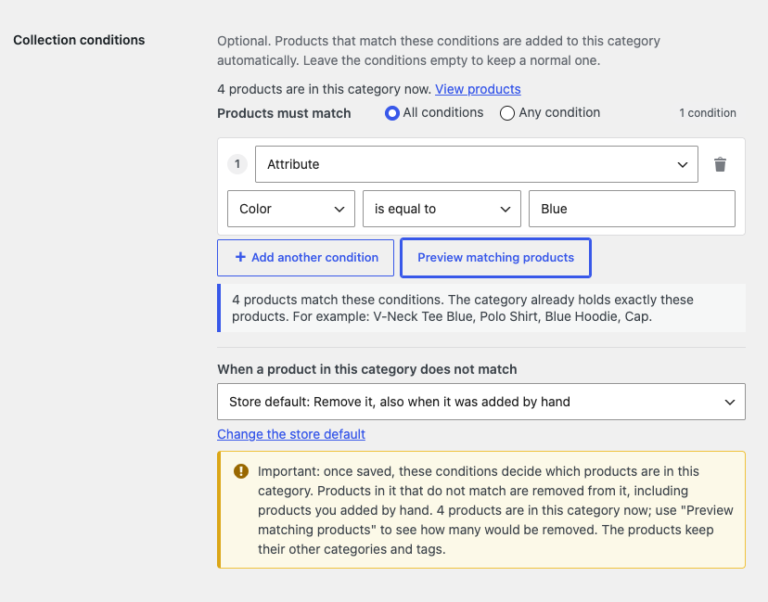 Preview matching products for the Blue Edit category with the condition Attribute Color is equal to Blue