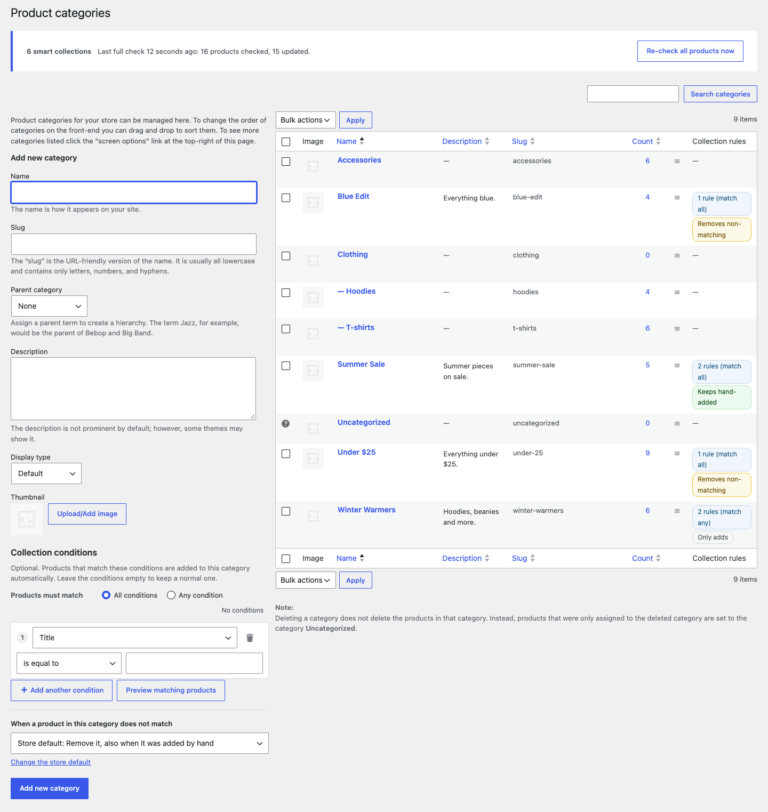 Products > Categories with the smart collections status panel, Re-check all products now and the Collection rules column