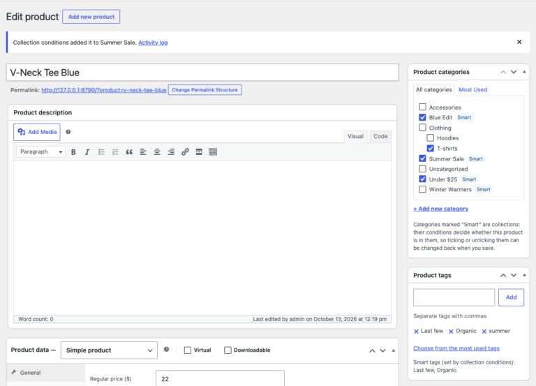 Product edit screen: notice after saving, collections marked Smart in Product categories and smart tags listed under Product tags