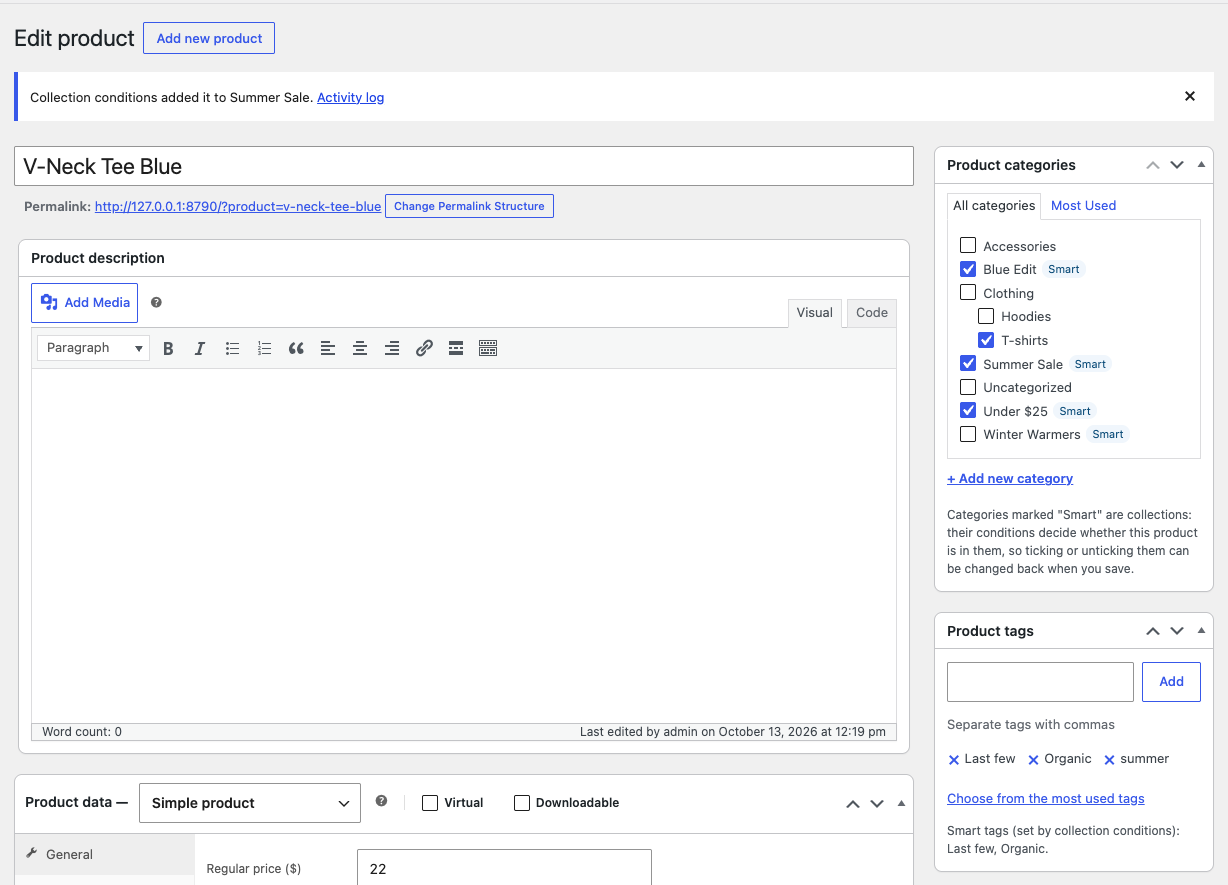 Product edit screen: notice after saving, collections marked Smart in Product categories and smart tags listed under Product tags