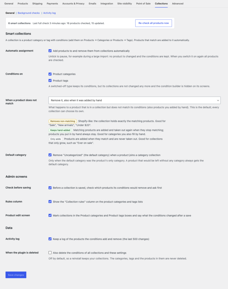 Collections settings: automatic assignment, conditions on categories and tags, store default, default category, admin screens, activity log and uninstall