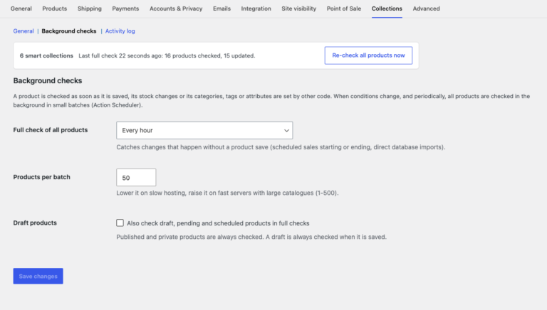 Background checks settings: full check of all products every hour, products per batch and draft products