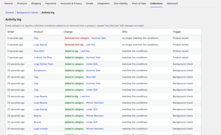 Activity log listing every category and tag the conditions added to or removed from a product, with the reason and the trigger