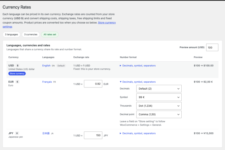 Multi Currency for Polylang and WooCommerce: the Currency Rate screen with USD, EUR and JPY, the languages of each currency, the exchange rates, the EUR number format and a preview of 100 USD