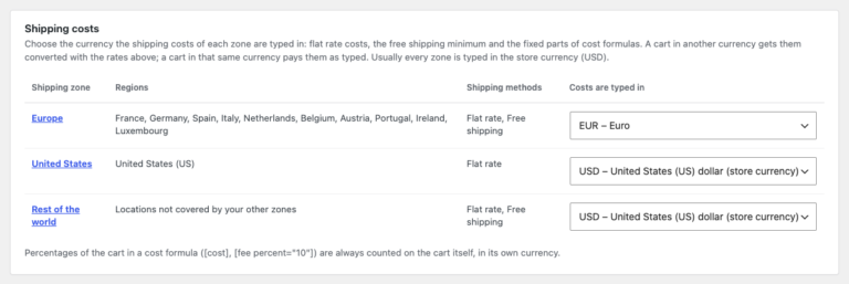 The Shipping costs card: the Europe zone has its costs typed in EUR, the United States zone and the rest of the world in the store currency