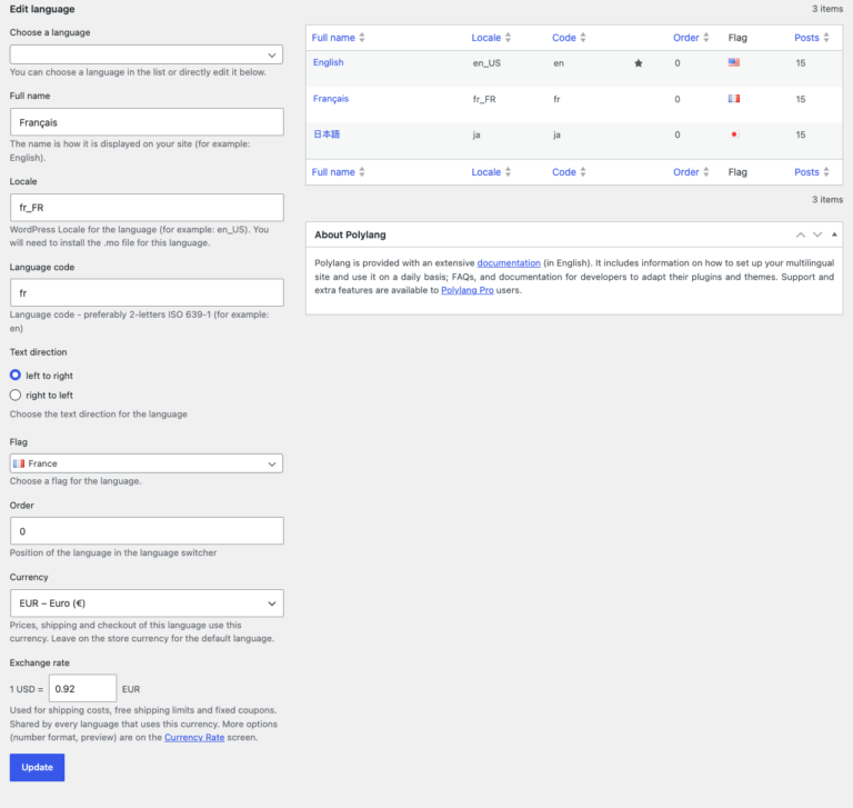 Polylang's Edit language screen for French with the Currency set to EUR and the exchange rate 1 USD = 0.92 EUR