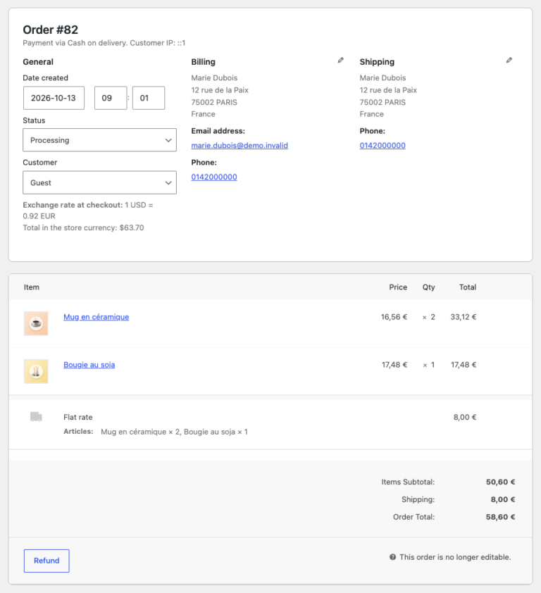 A French order on the WooCommerce order screen with the exchange rate at checkout and the total in the store currency