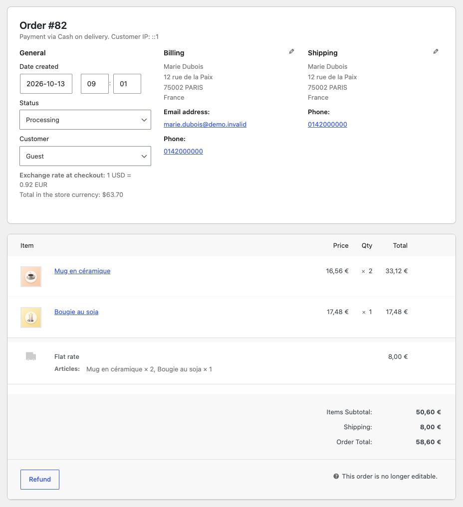 A French order on the WooCommerce order screen with the exchange rate at checkout and the total in the store currency