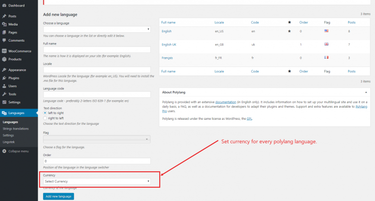 Currency drop-down on the Add new language screen