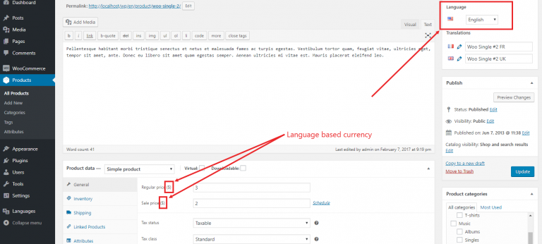 Product edit screen with prices in the language currency