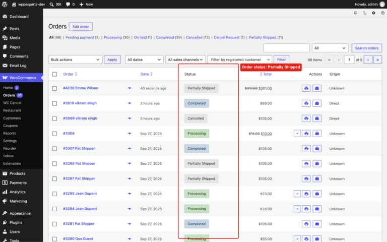 WooCommerce Orders list with orders in the Partially Shipped status next to Processing, Completed and Cancelled orders