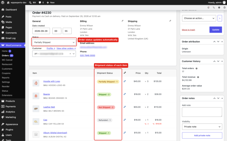 Order edit screen with the Partially Shipped order status and a Shipped, Partially Shipped, Not Shipped or Refunded badge on each item
