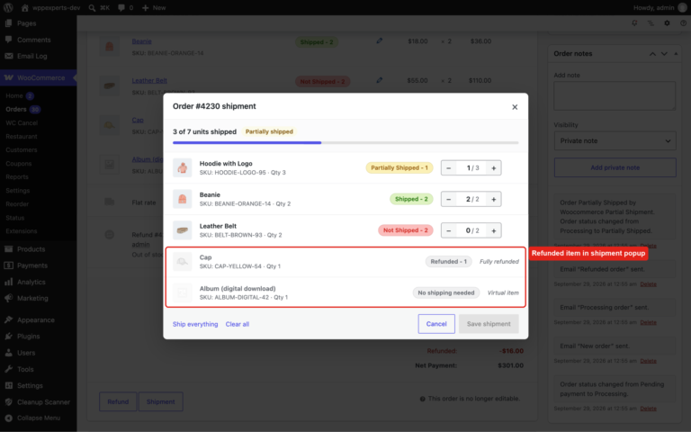 Shipment popup with a fully refunded item and a virtual download marked as not needing shipping