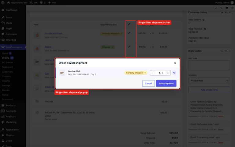 Single item shipment popup opened from the pencil icon of an order item, with a quantity stepper and Save shipment