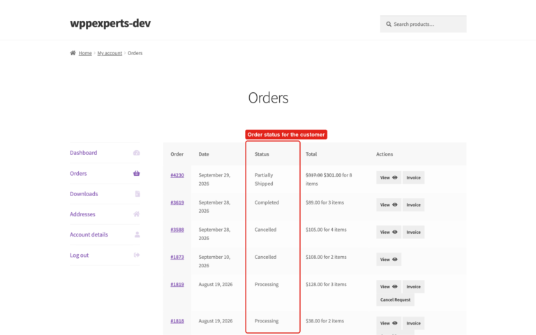 Partially Shipped order status in the customer’s My Account Orders list