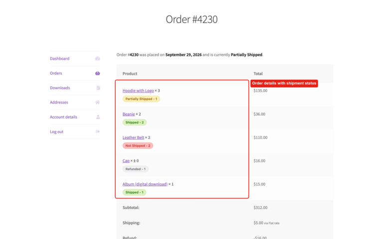 Customer’s order details page with Partially Shipped, Shipped, Not Shipped and Refunded badges under each item