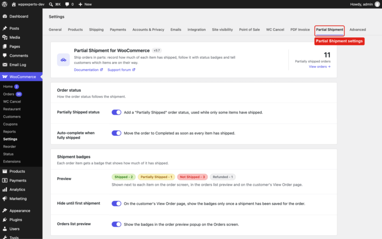 Partial Shipment settings page with the Partially Shipped status, auto-complete, badge preview and badge display options