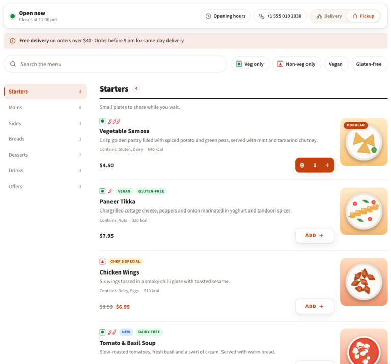 Advanced Restaurant for WooCommerce menu page: Open now status, opening hours and call buttons, delivery or pickup switch, search and filter chips, category navigation and dishes with labels, spice level and allergens