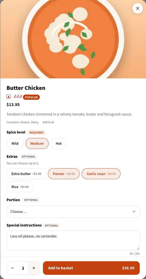 Dish popup for Butter Chicken: required spice level, extras with prices, a portion drop-down, special instructions and an Add to basket button with the live total