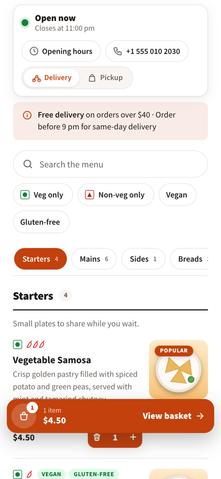 The menu on a 390 pixel wide phone: stacked status card, filter chips, swipeable category bar and the floating basket bar