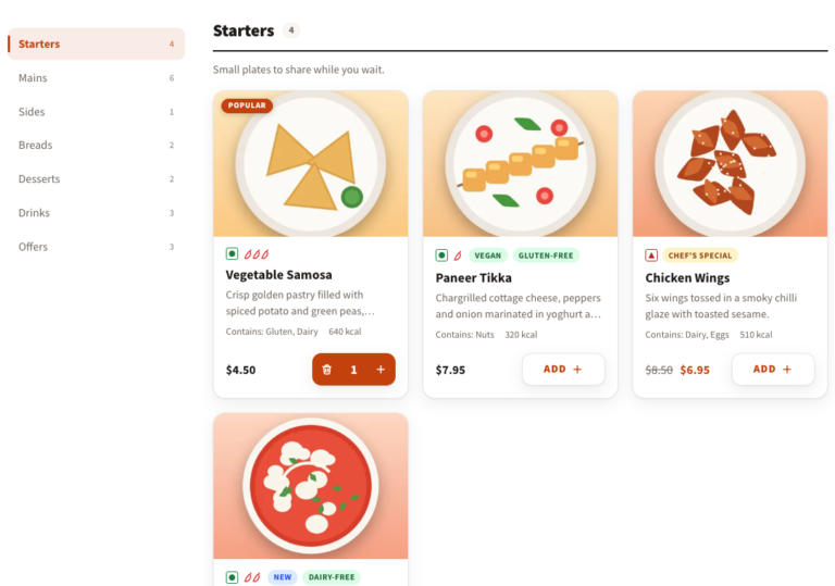 The menu in the card layout with photos on top and several dishes per row