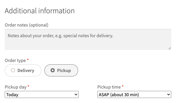 Classic checkout: Order type pills for Delivery and Pickup, the Pickup day and Pickup time selects