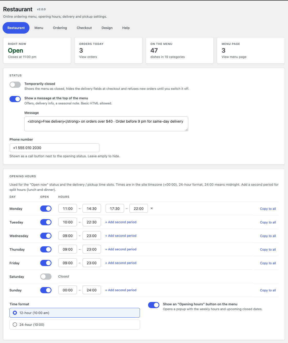 WooCommerce > Restaurant settings: the overview strip, the temporarily closed switch, the header message, the phone number and the opening hours editor with two periods per day
