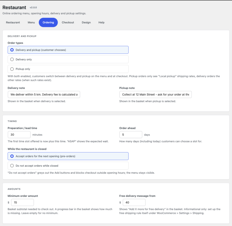 Ordering settings: delivery and pickup, delivery and pickup notes, lead time, order ahead, behaviour while closed, minimum order and free delivery message