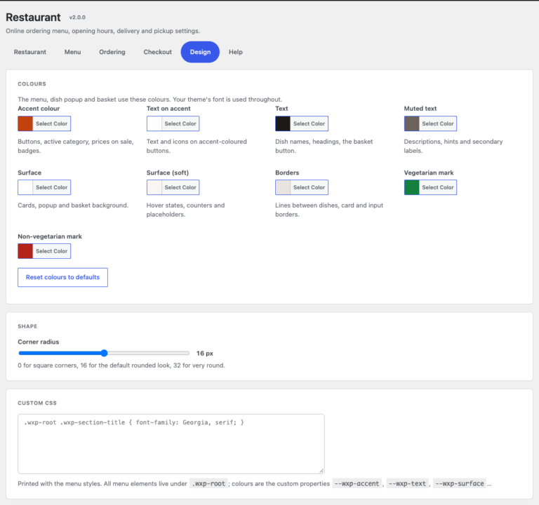 Design settings: nine colour tokens with a colour picker each, the corner radius slider and a custom CSS box