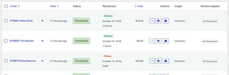 WooCommerce orders list with the Restaurant column showing Pickup or Delivery and the chosen day and time