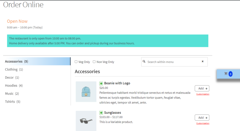 Advanced Restaurant for WooCommerce – WooCommerce restaurant plugin, screenshot 1